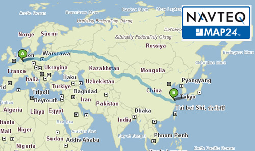 Map24-Karte: Route Bonn - Shanghai